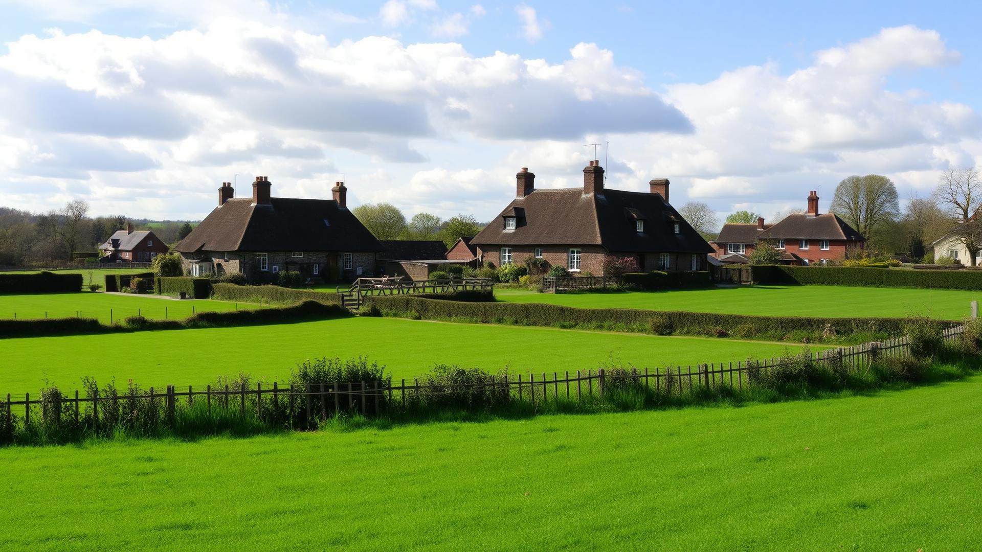 Kent countryside with traditional houses and green fields in the Garden of England